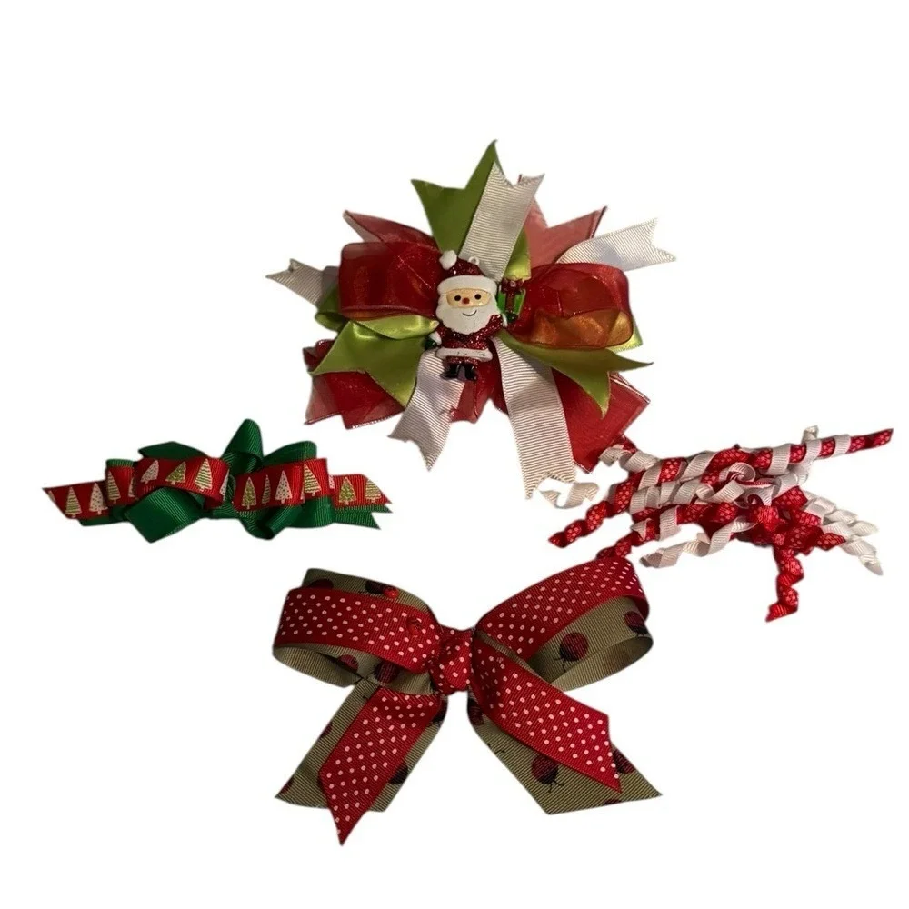 Girls Christmas Hair Bows Handmade Holiday Snowman Santa Claus Red